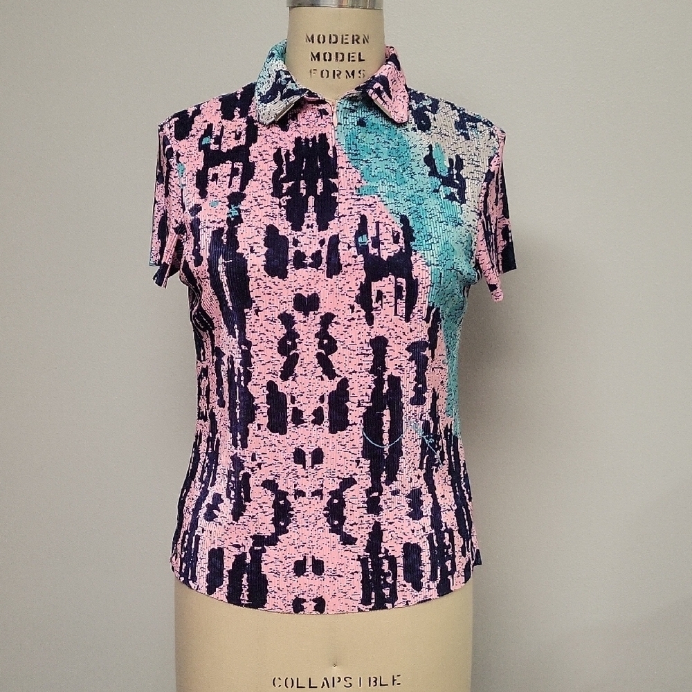 Jamie Sadock Pink and Blue Abstract Quarter-zip Shirt, Size S
